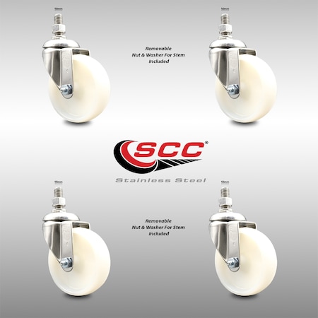 Service Caster 4 Inch 316SS Nylon Wheel Swivel 10mm Threaded Stem Caster Set SCC-SS316TS20S414-NYS-M1015-4